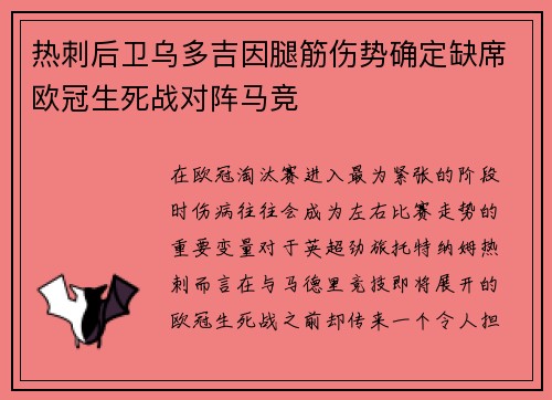 热刺后卫乌多吉因腿筋伤势确定缺席欧冠生死战对阵马竞